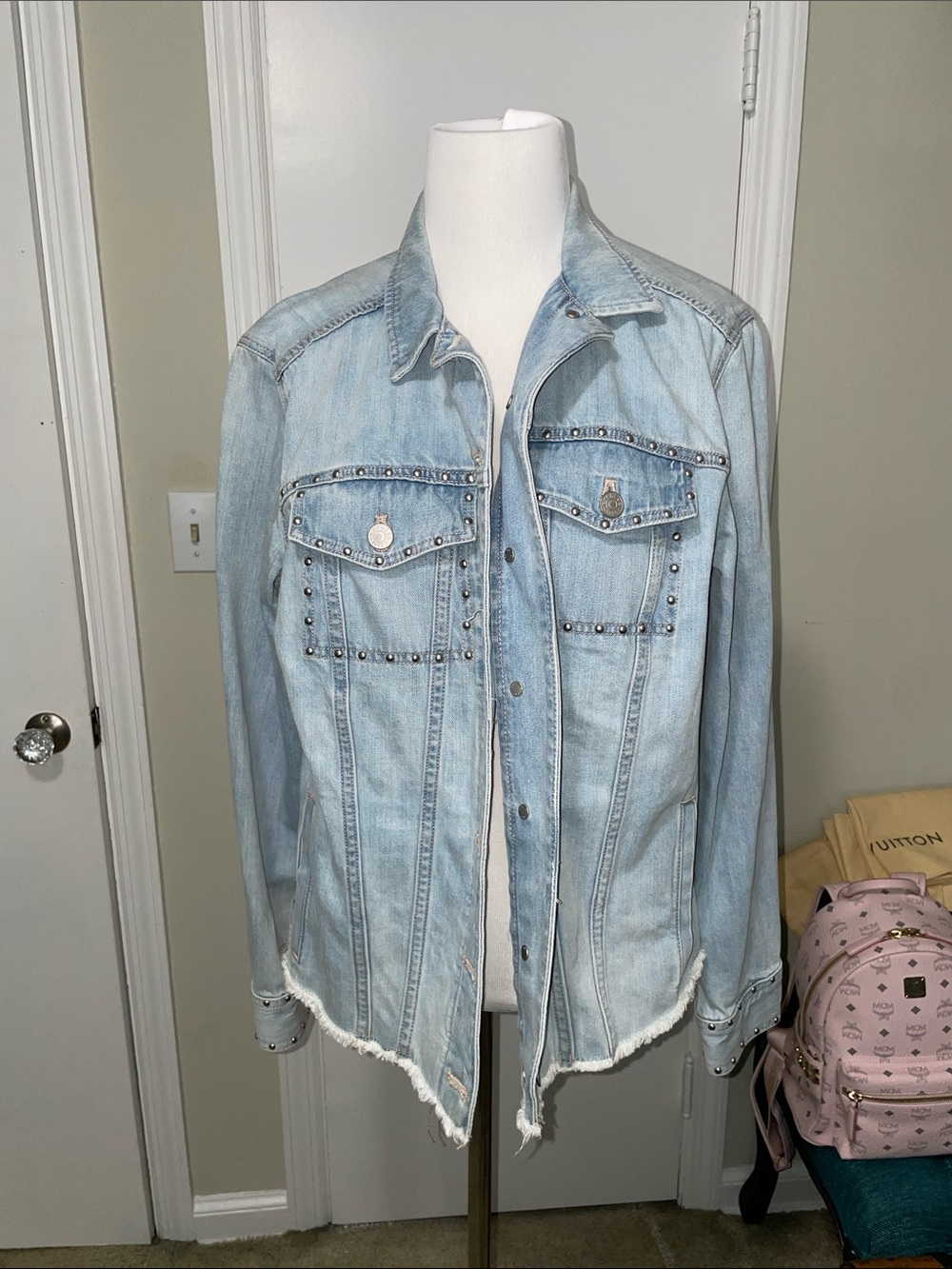 Express Light Blue Studded Denim Jacket for Women